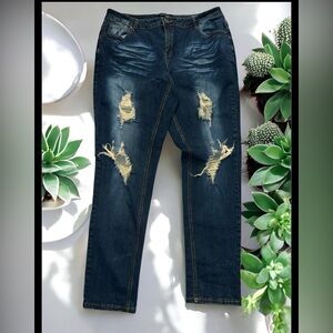 Ashley Stewart Distressed Straight Leg Jeans Dark Wash Blue